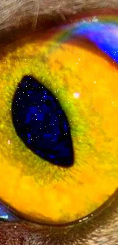 Close-up of a vivid yellow cat eye with cosmic details.