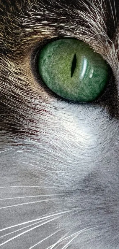 Close-up of a cat's vivid green eye with detailed fur, perfect wallpaper.