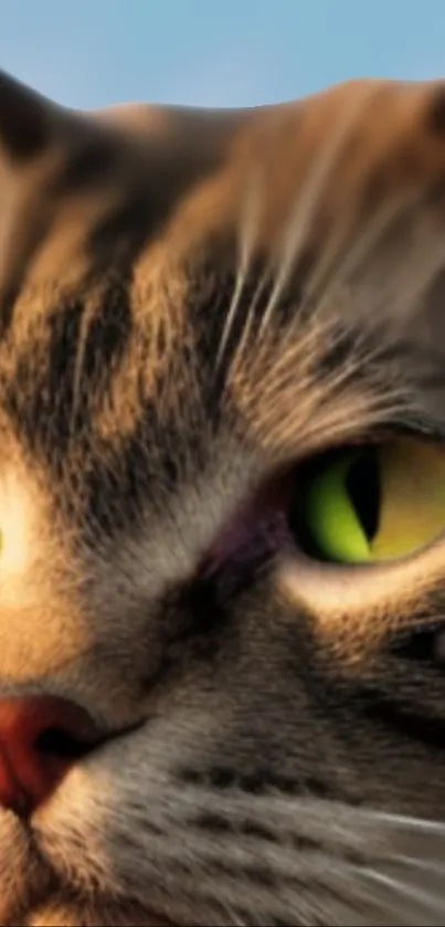 Close-up of a cat with vivid green eyes and brown fur.