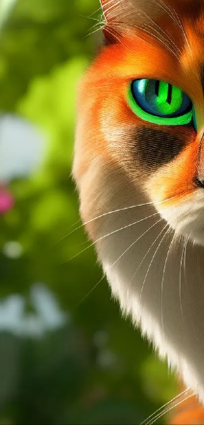 Close-up of a cat with green eyes in a sunlit garden scene.