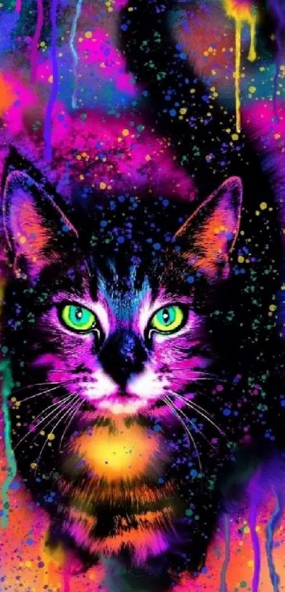 Vivid neon cat artwork with colorful splashes.