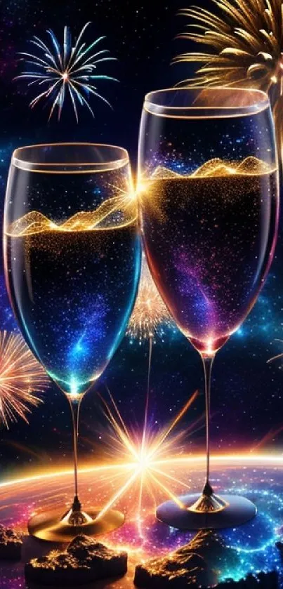 Two elegant wine glasses with fireworks in the vibrant night sky background.