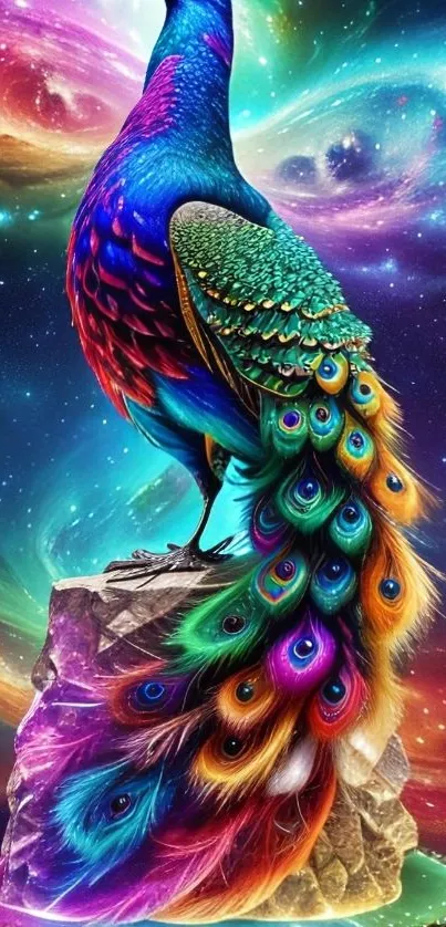 Colorful peacock on a rocky surface with a cosmic galaxy background.