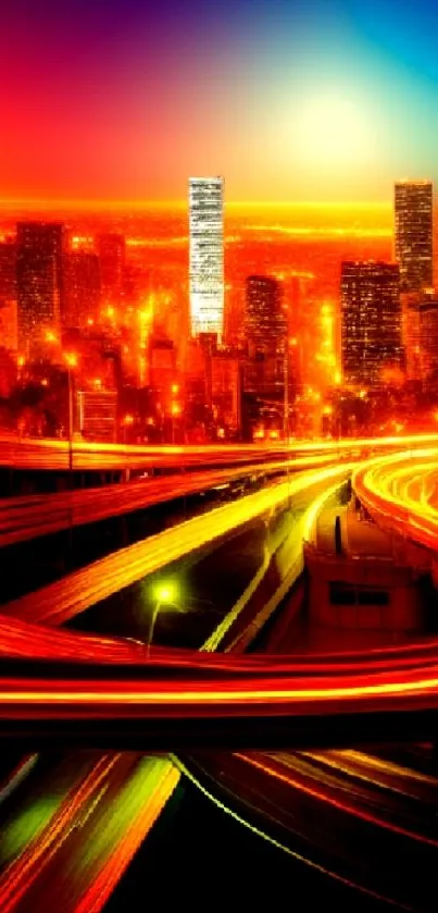 Dynamic cityscape wallpaper with colorful highway lights and skyline.