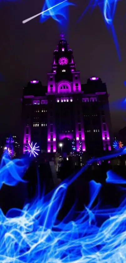 Vibrant cityscape with electric blue and purple night lights.