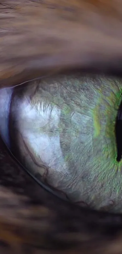 Close-up of a cat's eye with vivid green hues and intricate details.