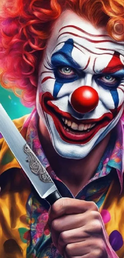 Colorful clown with a vibrant design holding a knife.