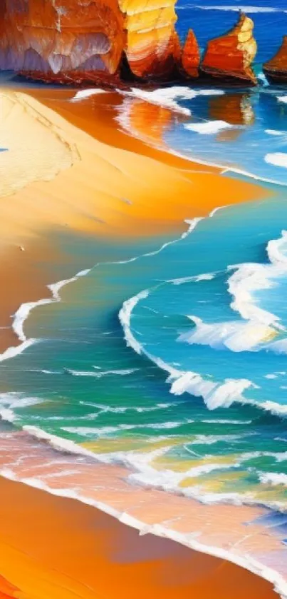 Vivid digital painting of a sunny beach with waves crashing.