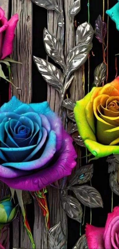 Colorful roses with silver leaves on a black background wall.