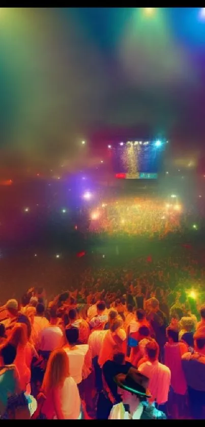 Vibrant concert crowd with colorful lights.