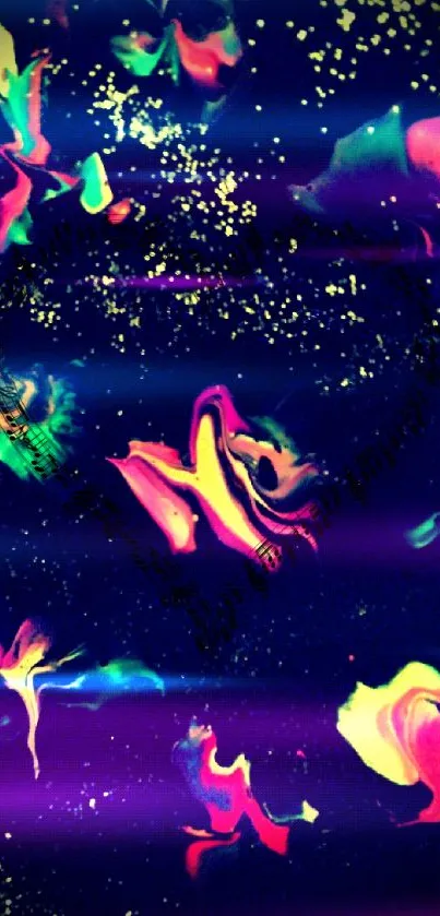 Vibrant cosmic abstract wallpaper with neon splashes and dark hues.