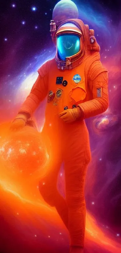 A vibrant astronaut in an orange suit in a cosmic space scene.