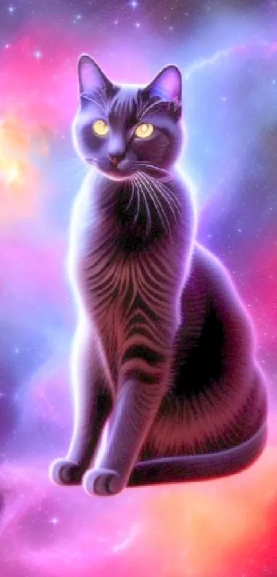 Vibrant cosmic cat amidst colorful nebula in galaxy wallpaper.