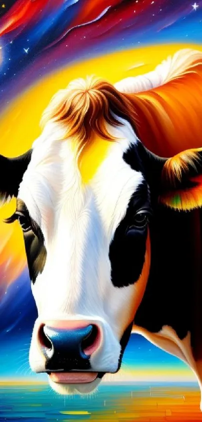 Vivid cosmic cow with colorful galaxy background.