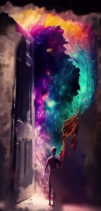 A person enters a mystical, colorful cosmic doorway in a fantasy scene.