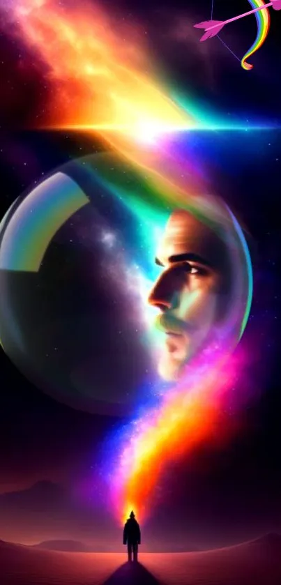 Colorful cosmic wallpaper with a rainbow nebula and human silhouette.