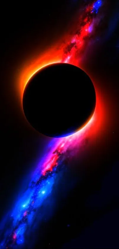 Vivid cosmic eclipse with colorful nebula and stars.