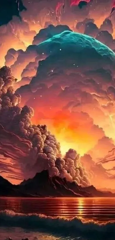 Vivid cosmic explosion with colorful clouds over ocean.