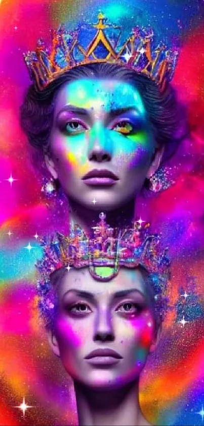 Vibrant fantasy art wallpaper with neon colors and cosmic elements.