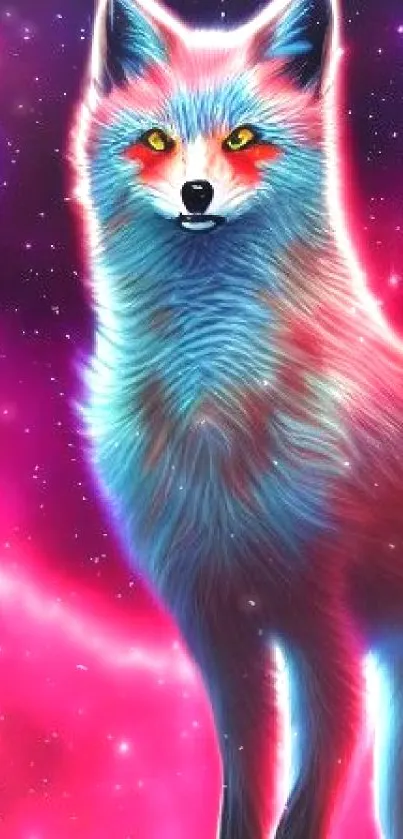 Vibrant cosmic fox with a neon glow and starry background.