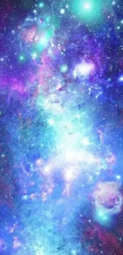 Vivid galaxy wallpaper with nebulas and stars in blue-violet hues.