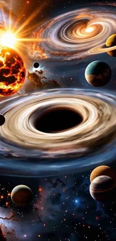 Dynamic cosmic galaxy with planets and nebulas in vivid colors.