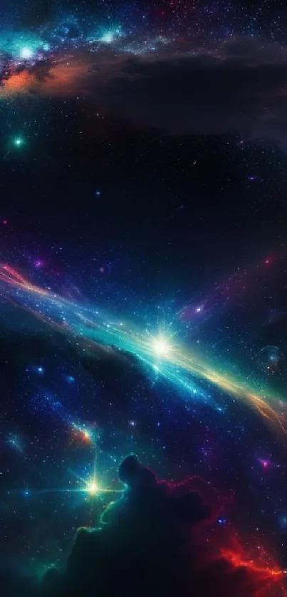 Vivid cosmic galaxy wallpaper with stars and colorful nebula.