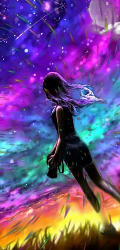 Silhouette of girl against colorful night sky in vibrant wallpaper.