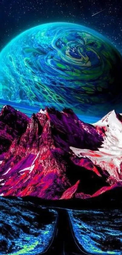 Vivid cosmic landscape with colorful mountains and a swirling planet in the sky.