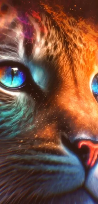 Vivid cosmic leopard with colorful gaze in digital art form.