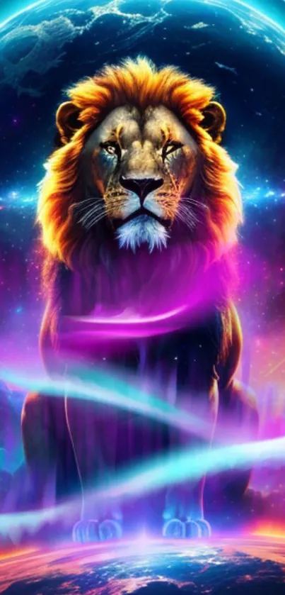 Majestic lion in cosmic setting with vivid galaxy background.