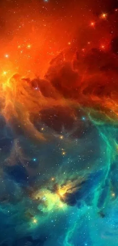 Vibrant cosmic nebula with red and blue hues in a stunning wallpaper.