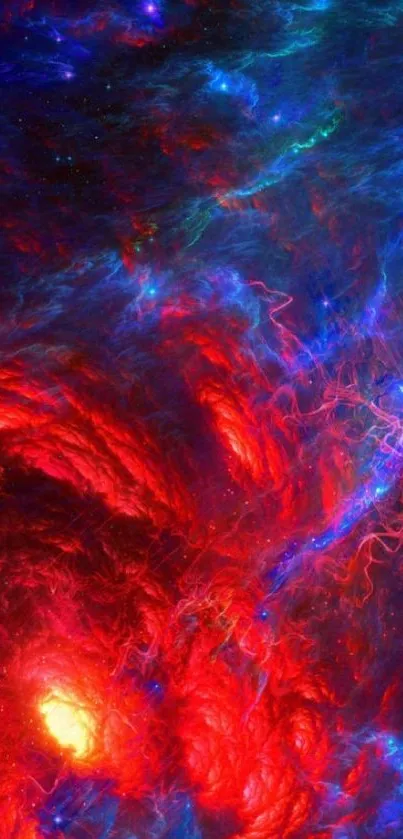 Vibrant cosmic nebula with red and blue hues.