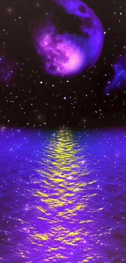 Purple moon and ocean create a cosmic night wallpaper.