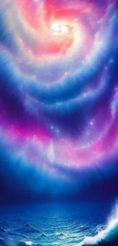 Cosmic swirl above an ocean with vibrant blue and pink hues.