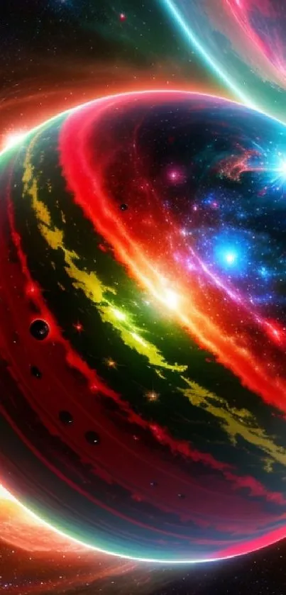 Vivid cosmic planet with vibrant colors and starlit background.