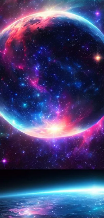 Vivid cosmic planet with colorful galaxy and space backdrop.