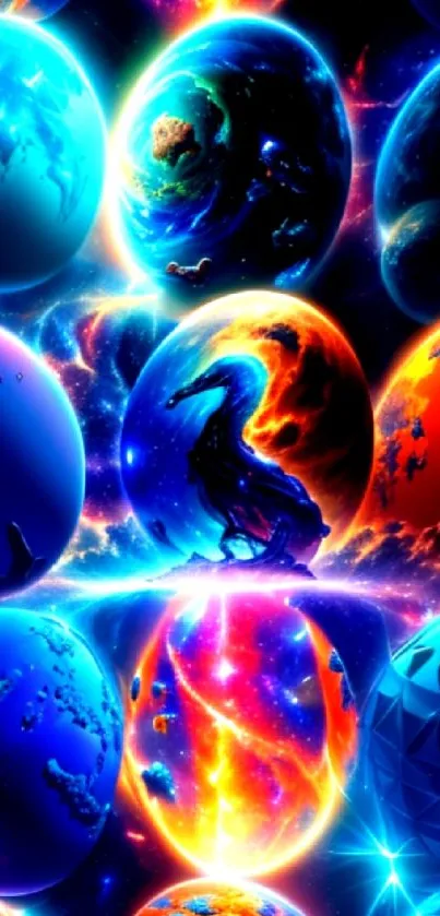Colorful cosmic planets set against a vivid neon universe backdrop.