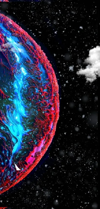 Vivid cosmic planet with starry background.