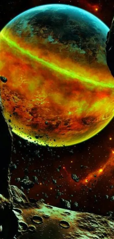 Vivid cosmic wallpaper with a bright orange planet and stars.