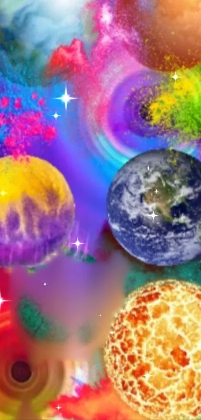 Vibrant cosmic wallpaper with colorful planets in a galaxy scene.