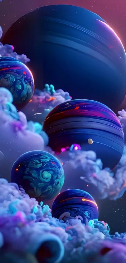 Colorful cosmic wallpaper with planets and clouds.