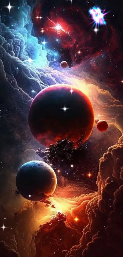 Vibrant cosmic wallpaper featuring colorful planets and nebulae.