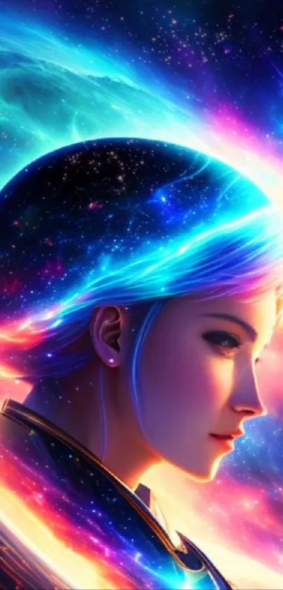 Woman in cosmic setting with vibrant galaxy.