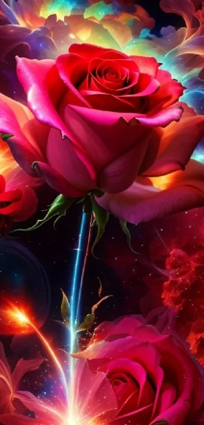 Vivid red rose amidst cosmic background and stars.