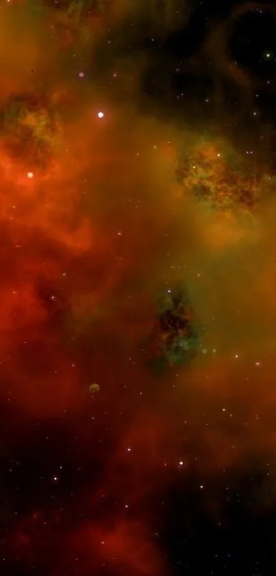 Orange and black cosmic space wallpaper with nebulous clouds and stars.