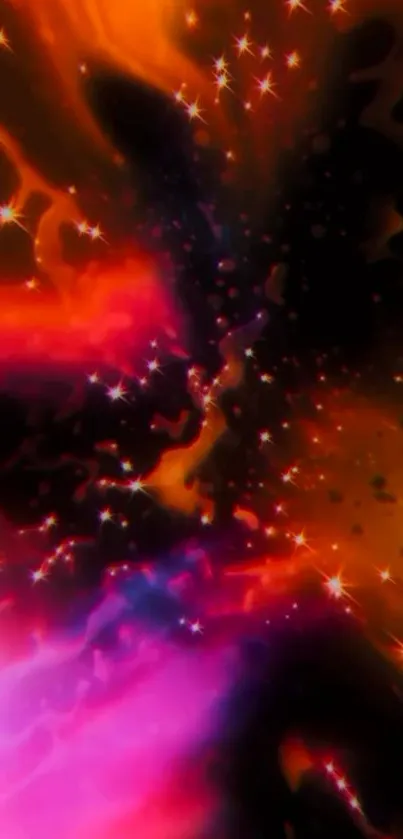 Vibrant cosmic themed wallpaper with orange, pink, and purple sparkles.