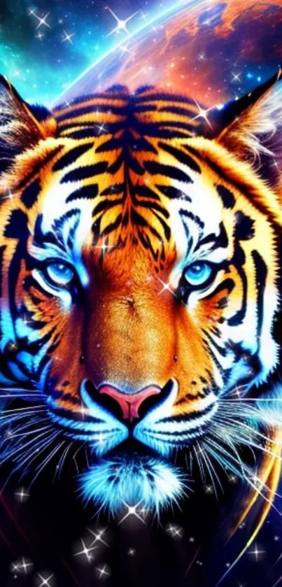Vivid tiger with glowing eyes in a cosmic galaxy setting.