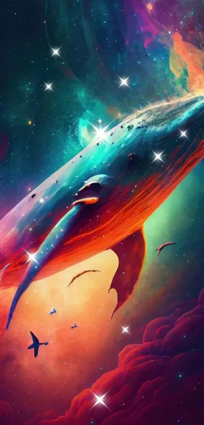 Cosmic whale swimming through vibrant space.