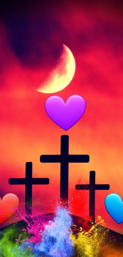 Vivid crosses with a colored sky and crescent moon mobile wallpaper.